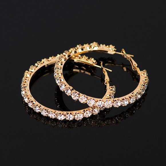 NEW Gold Round Diamond Hoop Earrings - Picture 2 of 2